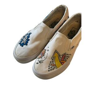 Vans Classic Youth Off White Custom Graffiti Art Slip-On Sneakers Size 1
